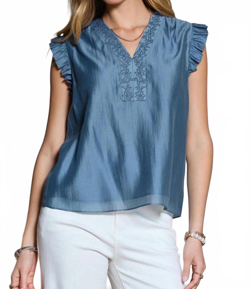 NEW CURRENT AIR embroidered sleeveless blouse in dusty blue